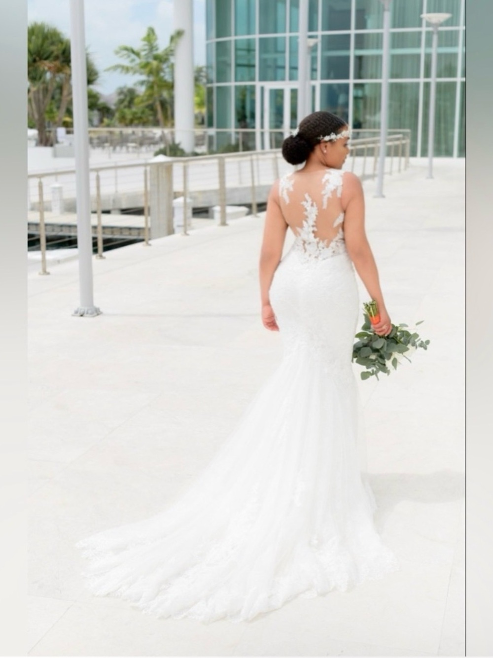 Pronovias Couture White Lace Mermaid Gown with Illusion Back (veil & robe )